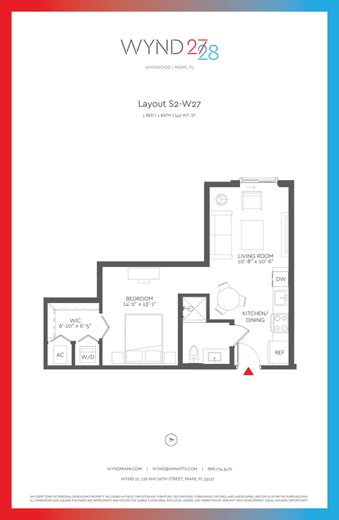 Floor plan for studio, 1 bath, 546 sqft
